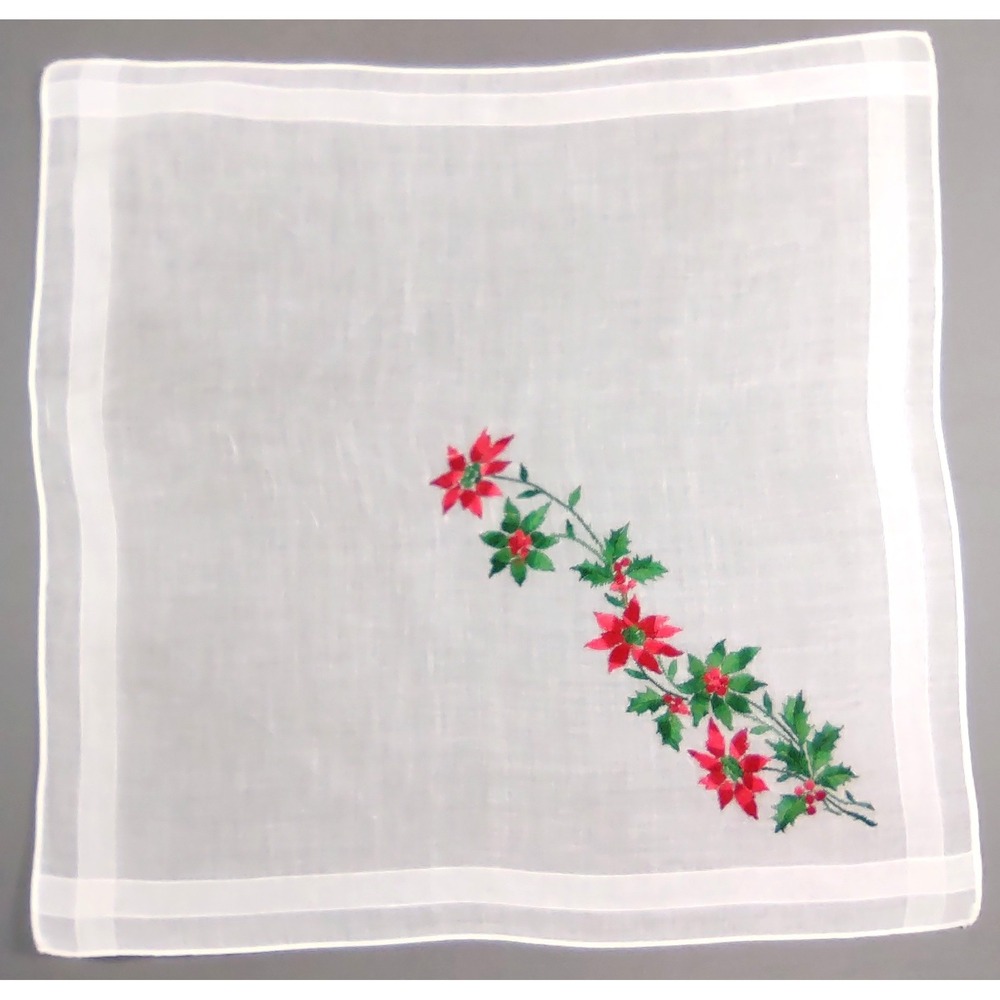 Vtg Christmas Handkerchief 12x12.25 Embroidered Red Poinsettia Holly Berries - Picture 2 of 3
